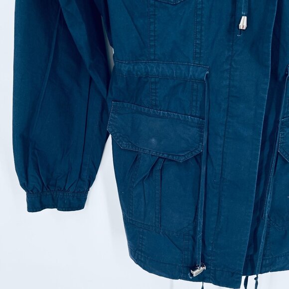 Forever 21 Ladies Military Jacket Hooded  Size M Blue Drawstring Waist Pockets - Picture 5 of 14